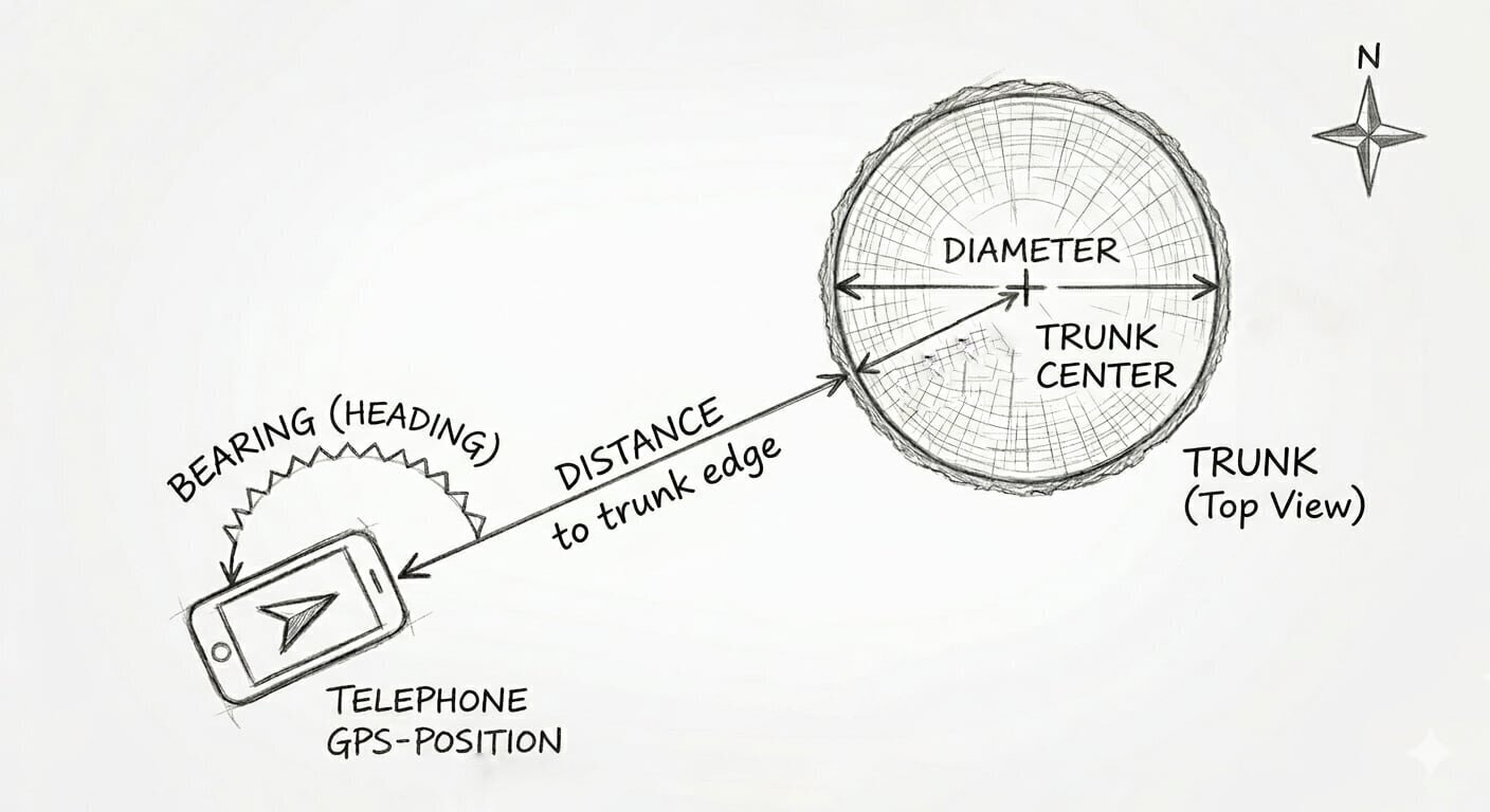 Arboreal tree position diagram — phone with bearing arc, distance arrow to the trunk edge, and diameter across the trunk